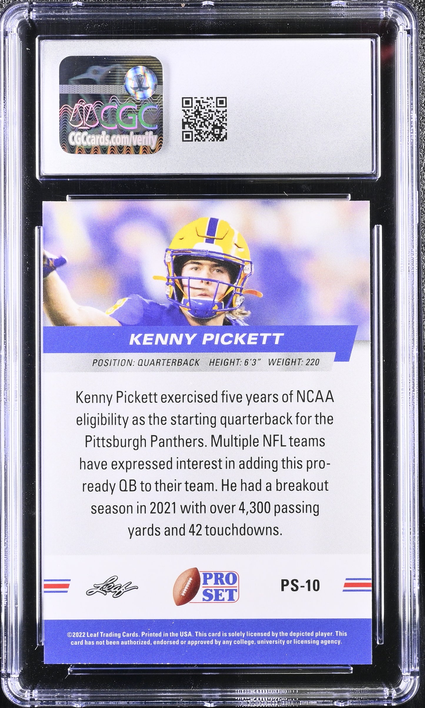 Kenny Pickett 2022 Leaf Pro Set Draft #PS-10 Rookie CGC 10