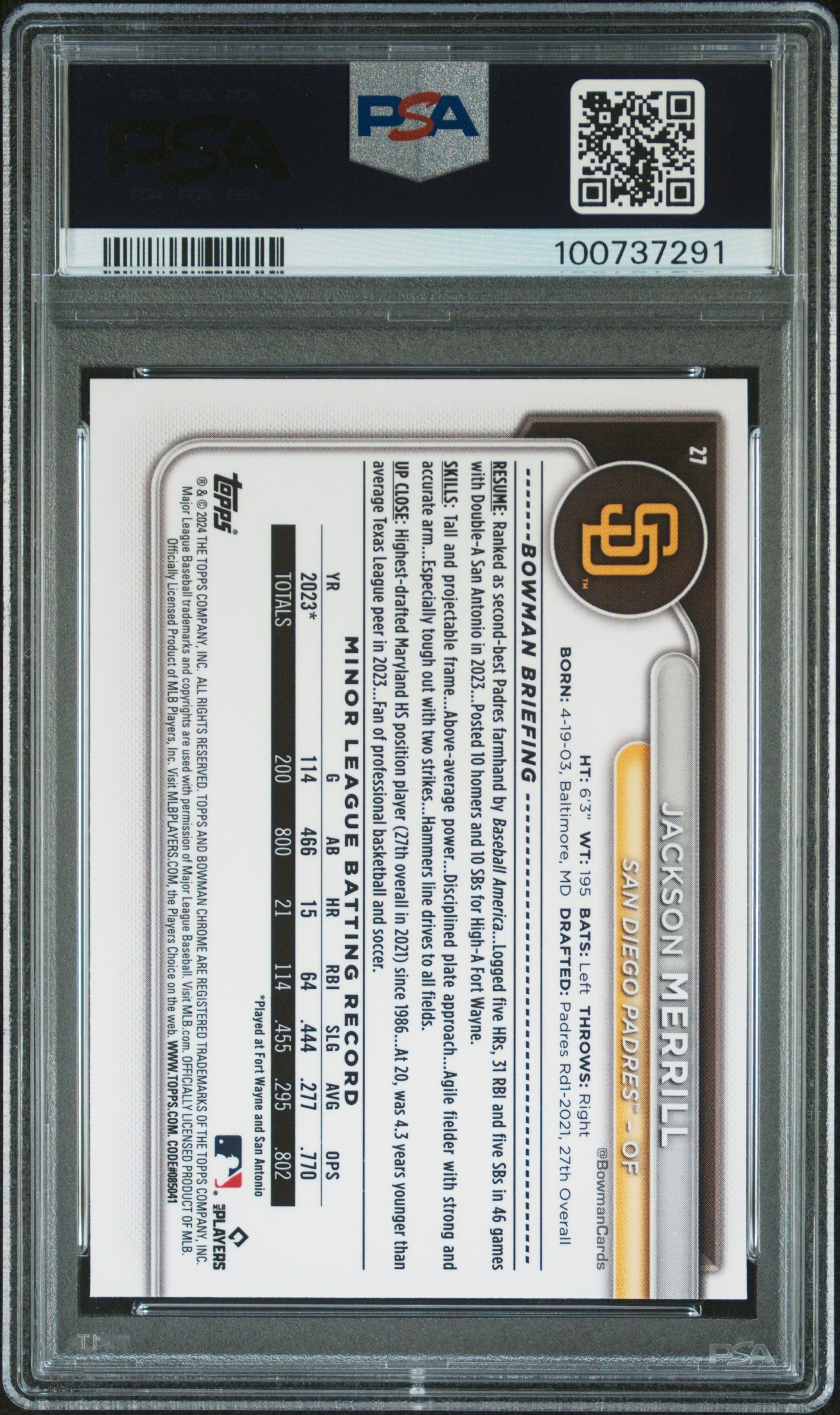 Jackson Merrill 2024 Bowman Chrome #27 PSA 10