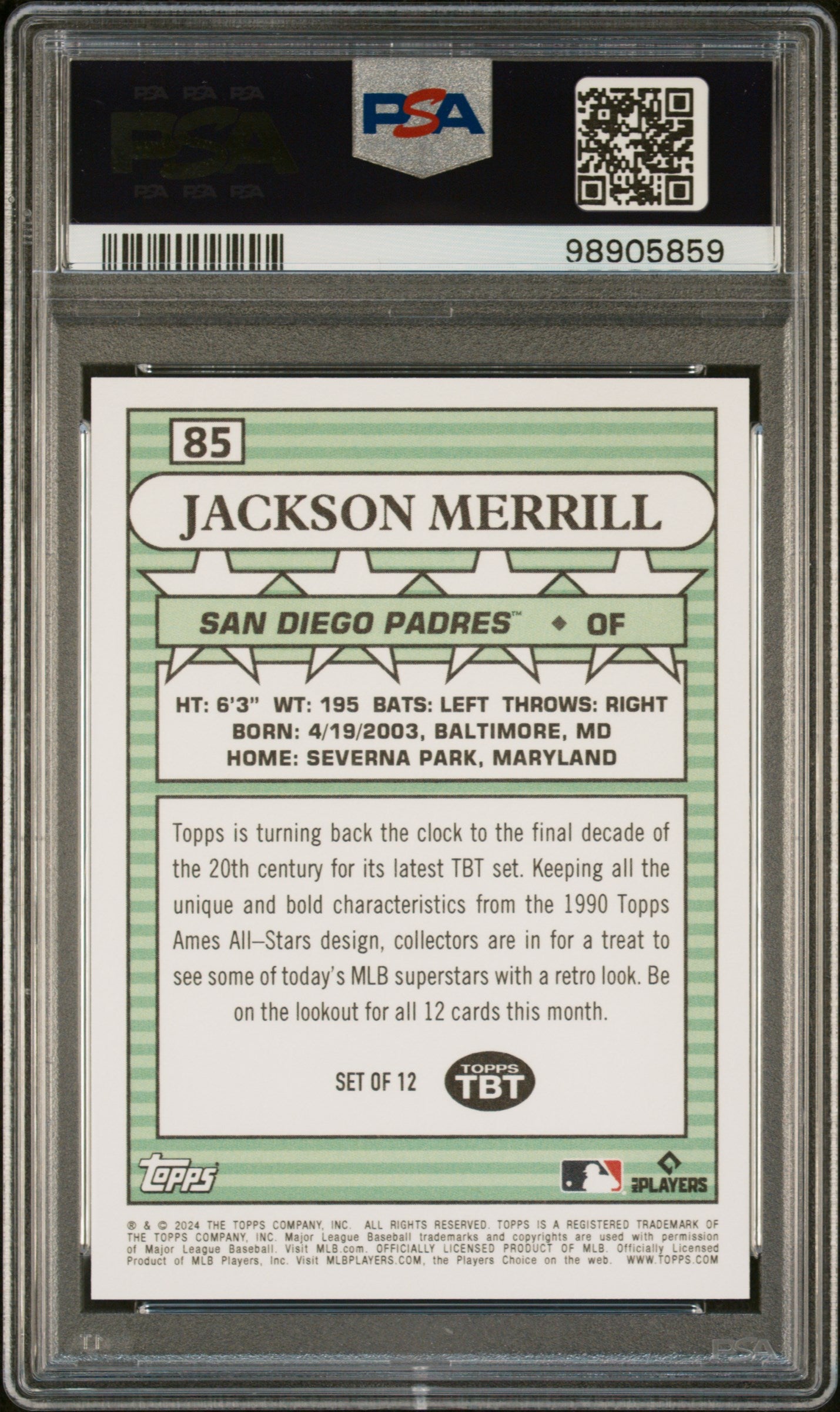 Jackson Merrill 2024 Topps Throwback Thursday #85 Rookie PSA 10