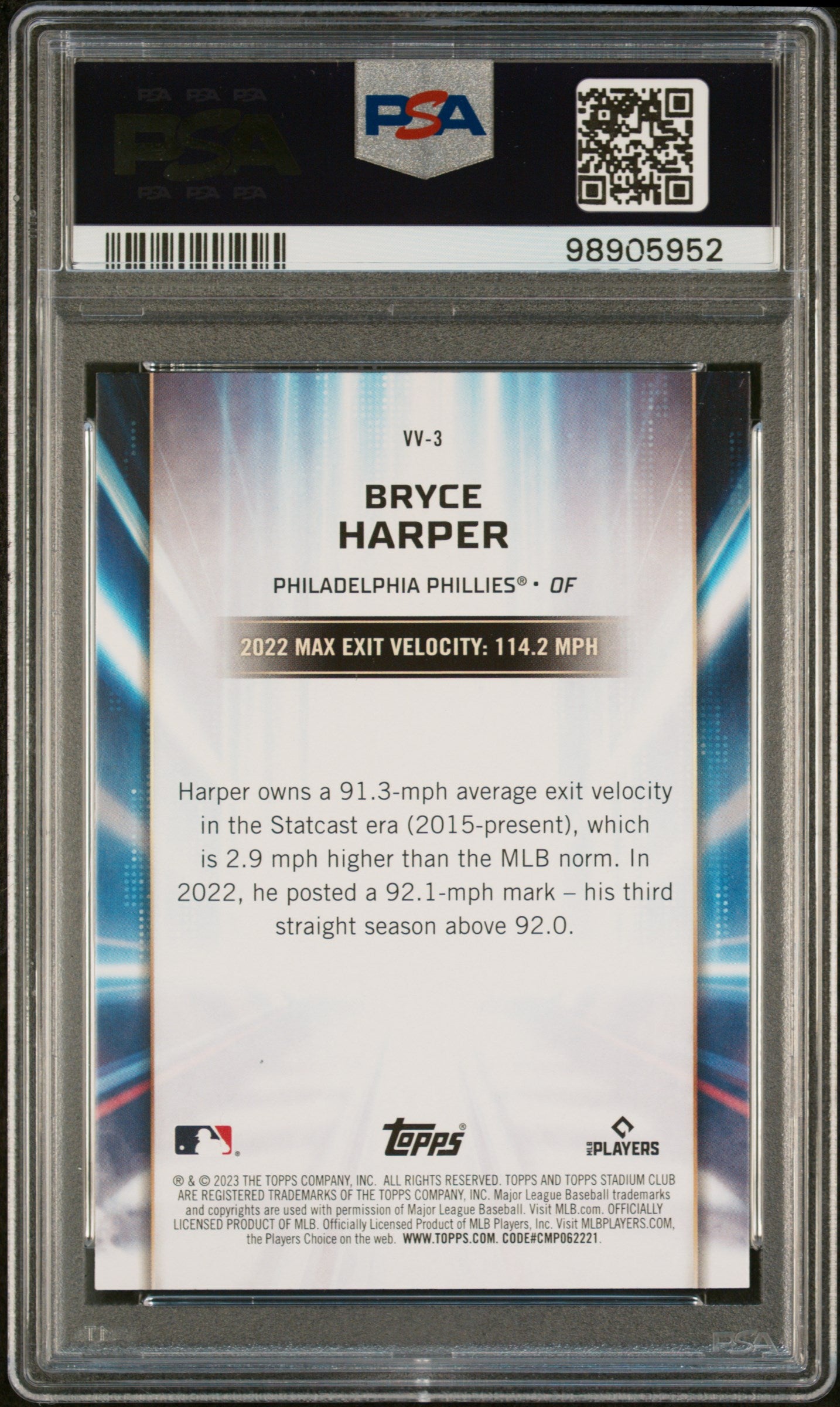 Bryce Harper 2023 Topps Stadium Club Virtuosos Of Velocity #VV3 PSA 10