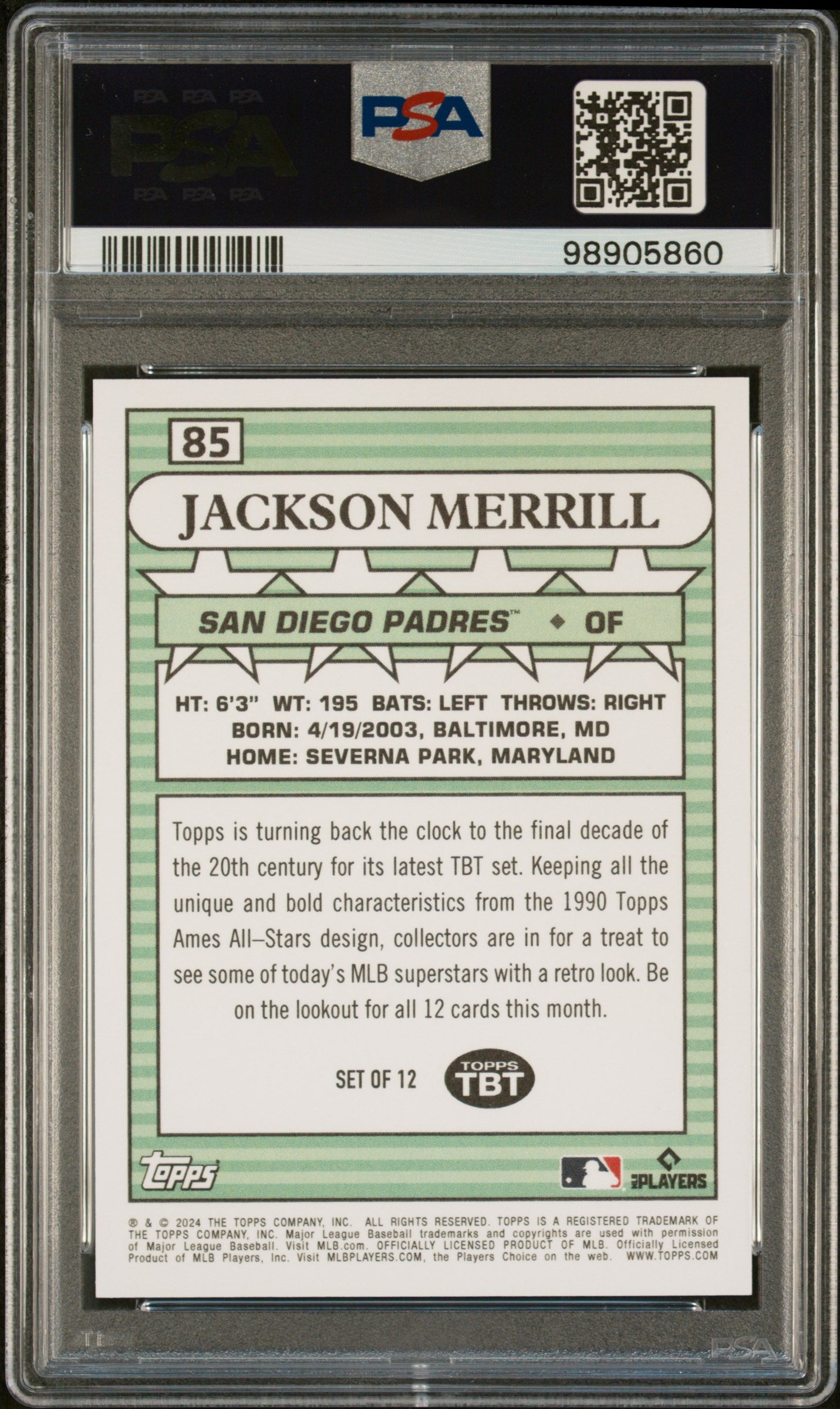 Jackson Merrill 2024 Topps Throwback Thursday #85 Rookie PSA 10 /2111